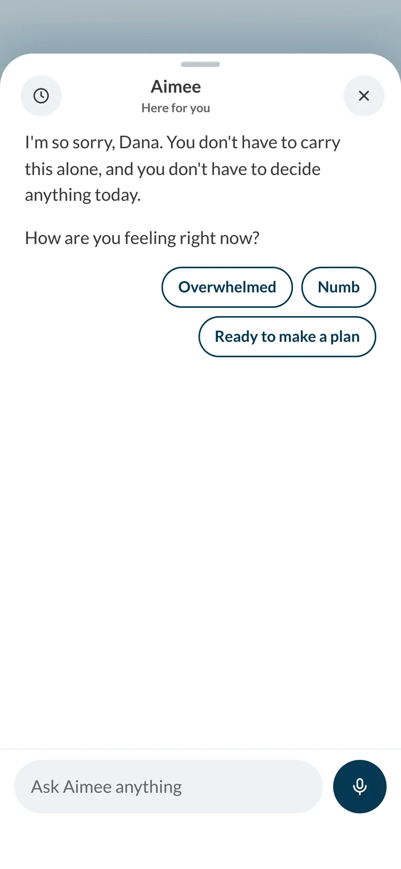 Aimee after hard news: I'm so sorry, Dana. You don't have to carry this alone, and you don't have to decide anything today. How are you feeling right now? with Overwhelmed, Numb and Ready to make a plan